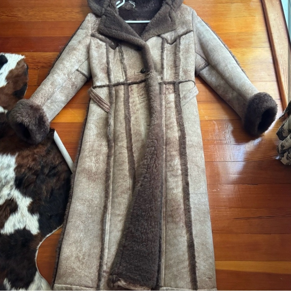 Long Brown Shearling Coat with Fur Trim